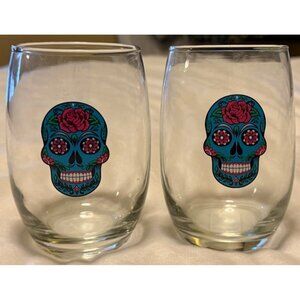 Set of 2 Cristar Blue Skulls Theme Clear Stemless 15.5 oz. Wine Glasses 5" Tall